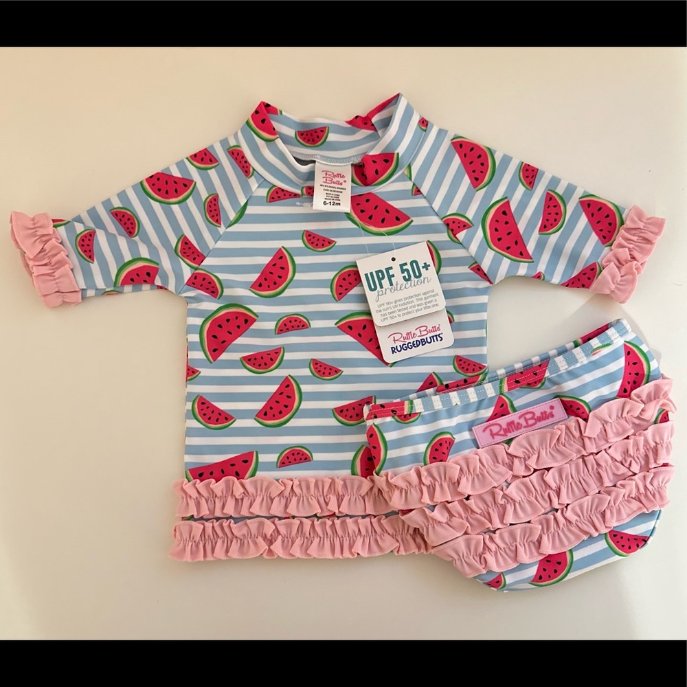 NWT Ruffle Butts Baby Girl Short Sleeve Rash Guard Bikini Size 6-12 Months